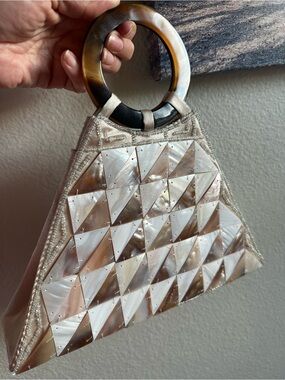 Mad by Design Mother of Pearl Shell Mosaic Evening Bag Lucite Tortoise Handle
